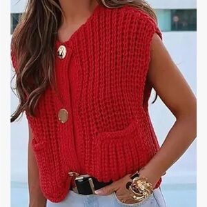Chunky Red Knit Vest with Gold Buttons
